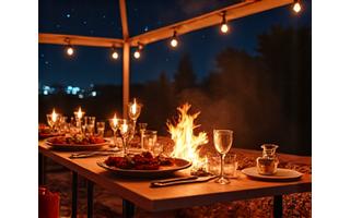 Elegant campfire dinner setup under the stars
